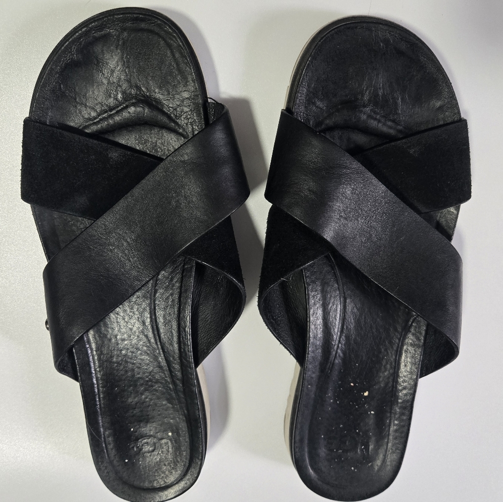 UGG Kari Treadlite Black Sandals Size 8 Leather Suede Criss Cross Straps